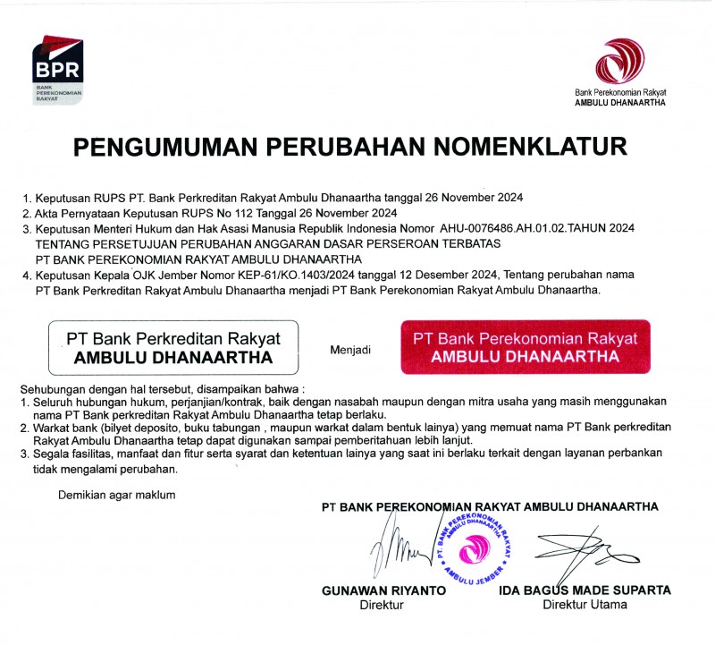 Perubahan Nama PT Bank Perekonomian Rakyat